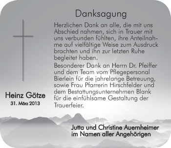 Traueranzeige von Heinz Goetze von Pegnitz-Zeitung